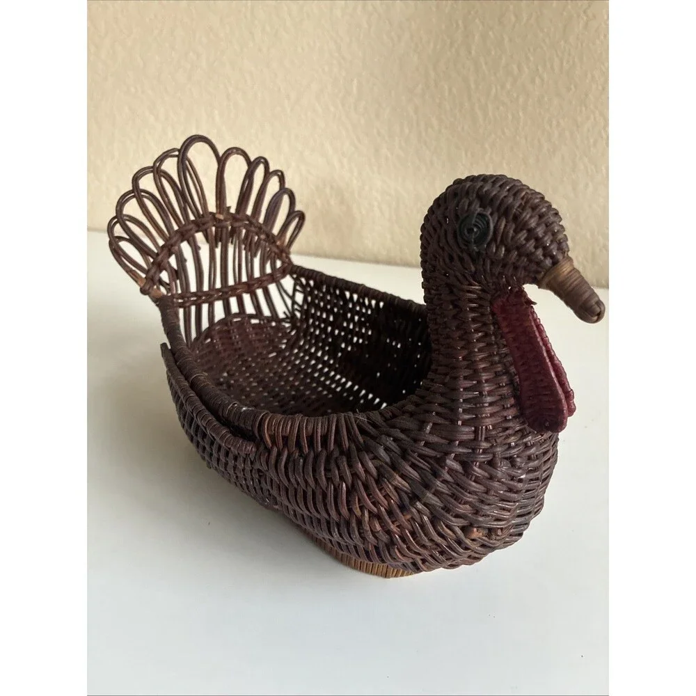 Vintage Turkey Wicker Basket Thanksgiving Cottage Fall Family Boho Feast